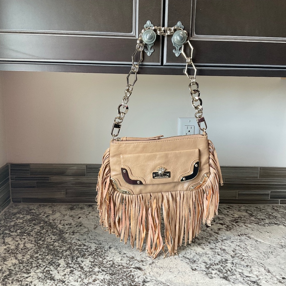 Christian Audigier cool leather fringe gold chain Y2K edgy boho biker purse